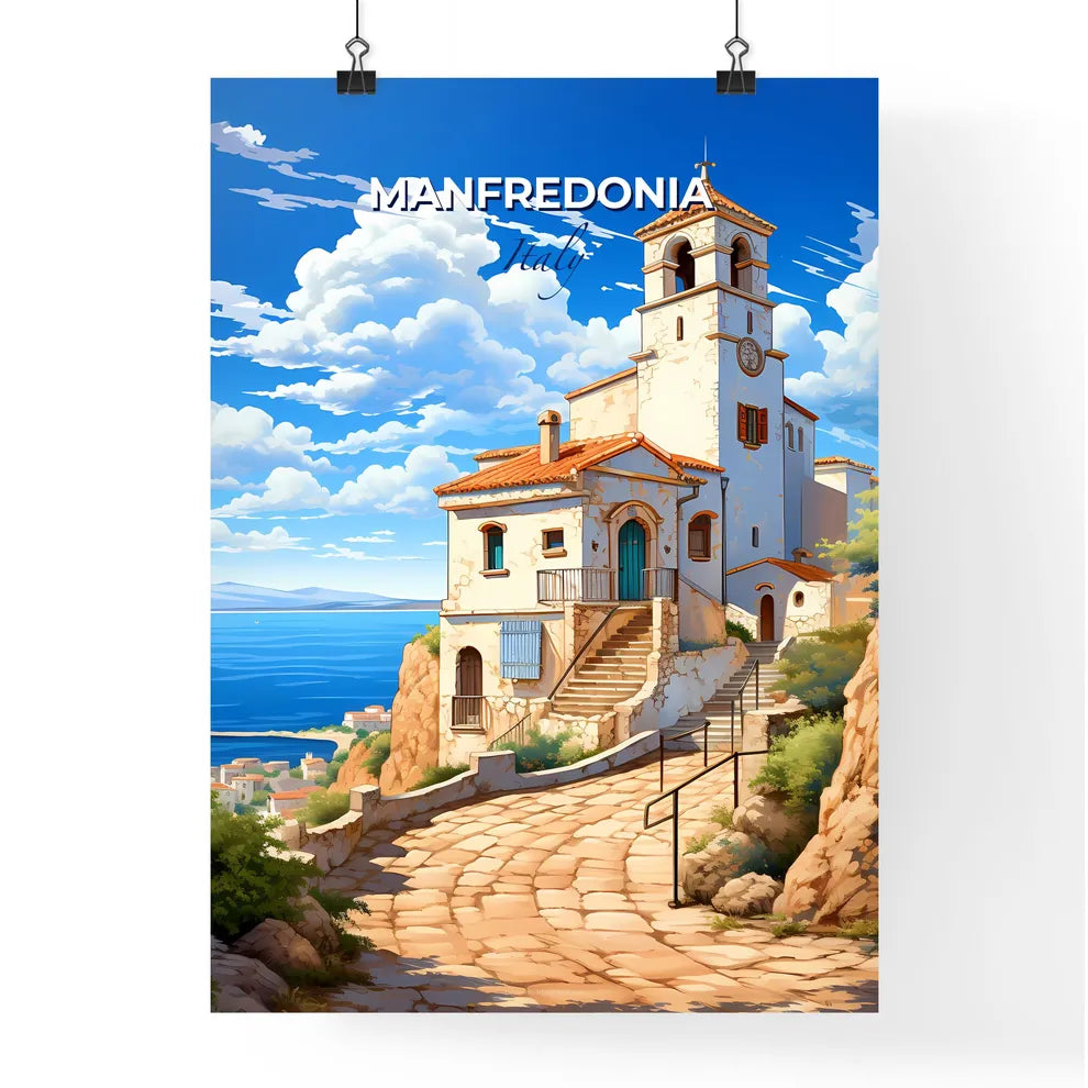 Manfredonia, Italy, A Poster of a building on a hill with a steeple and a body of water Default Title