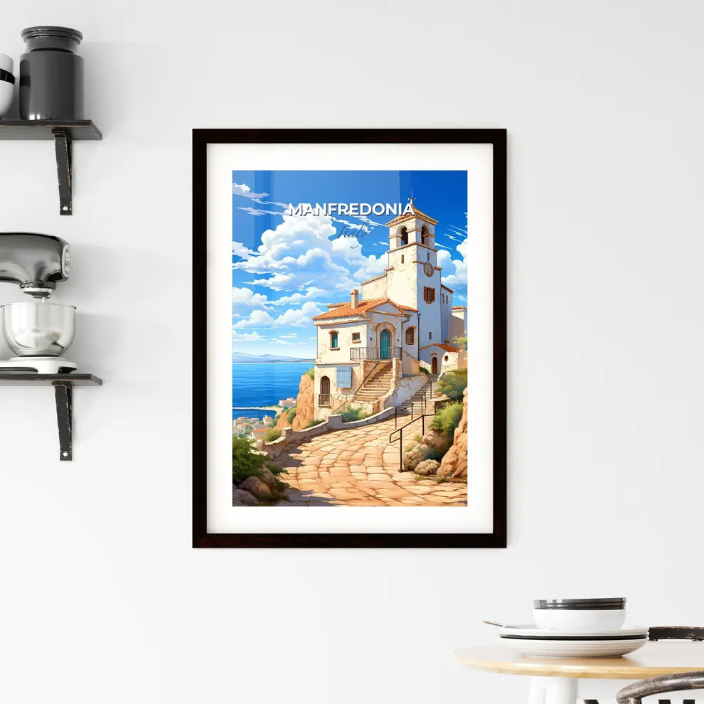 Manfredonia, Italy, A Poster of a building on a hill with a steeple and a body of water Default Title