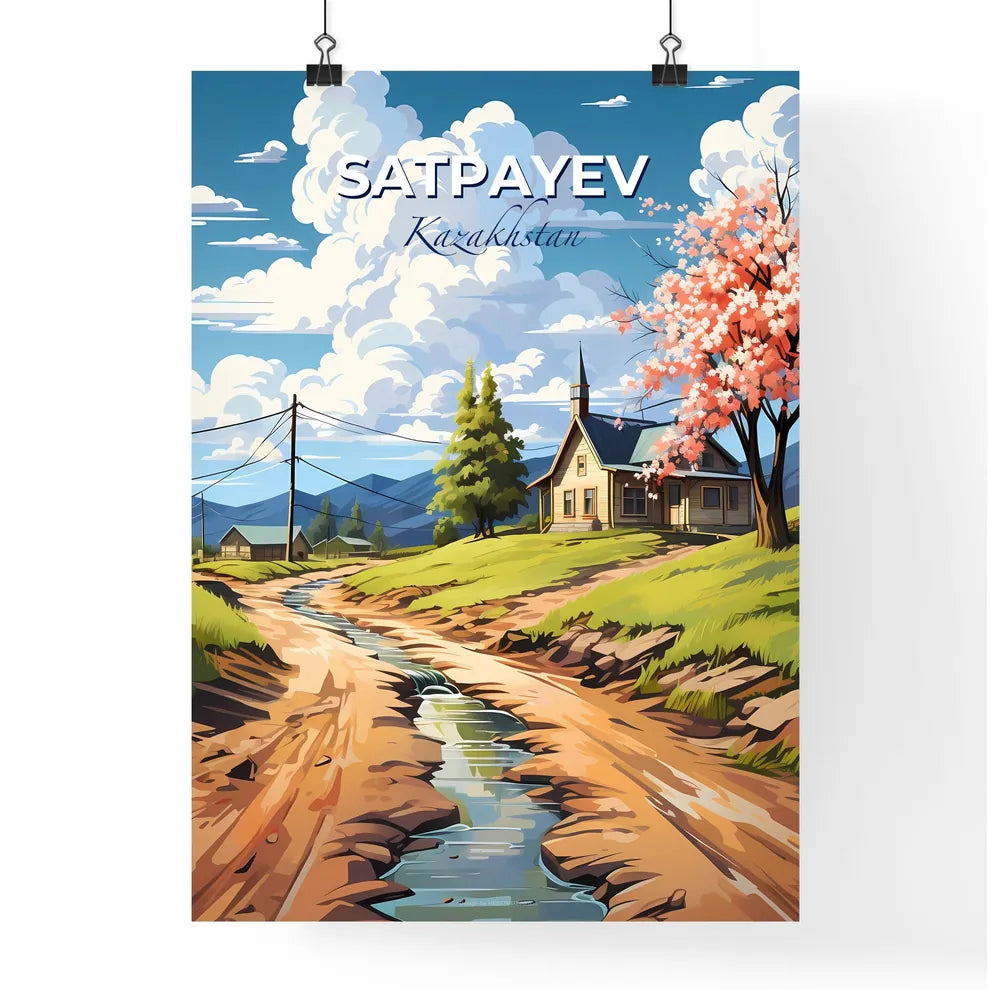 Satpayev, Kazakhstan, A Poster of a house on a hill with a stream of water Default Title