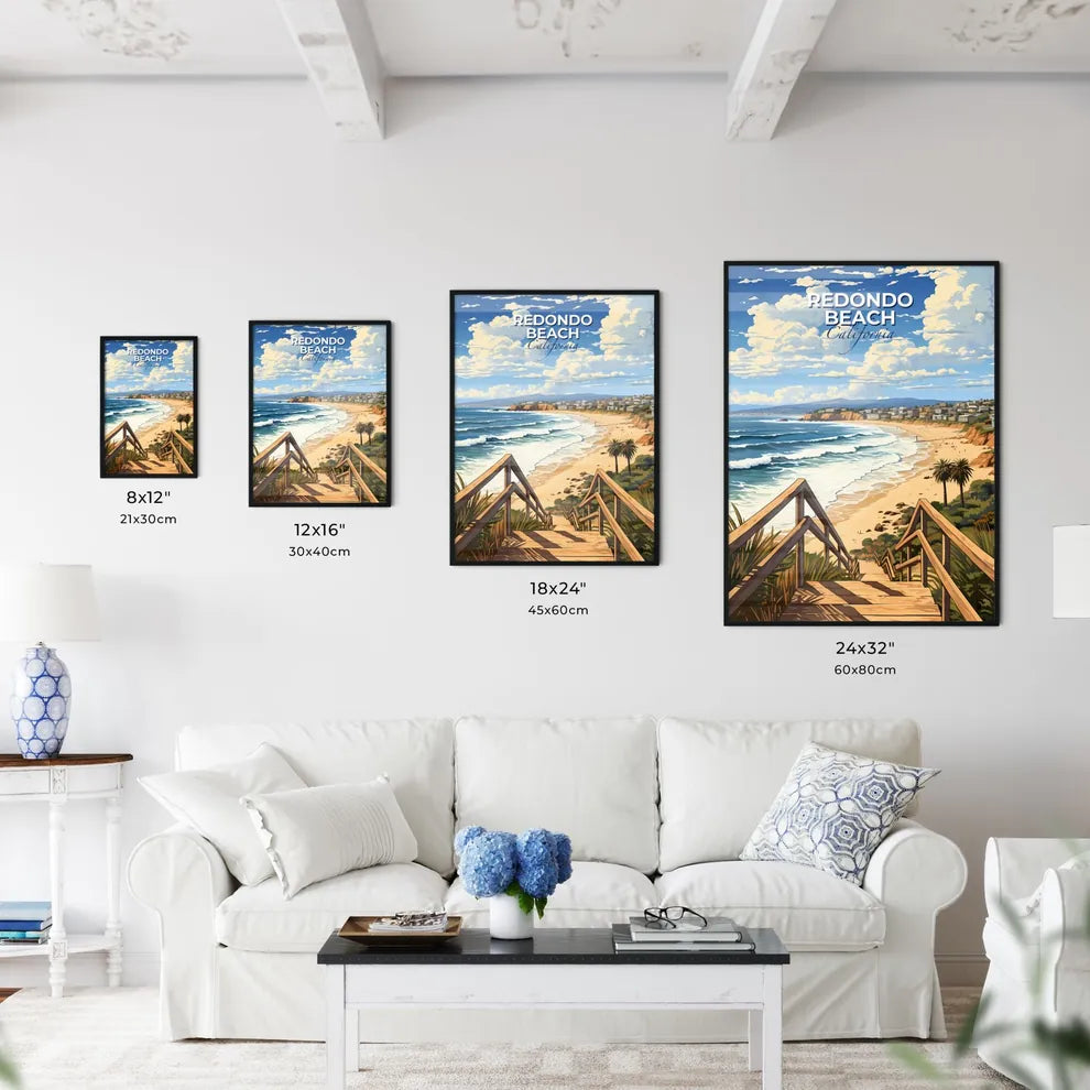 Redondo Beach, California, A Poster of a beach with a wooden staircase leading to a town Default Title