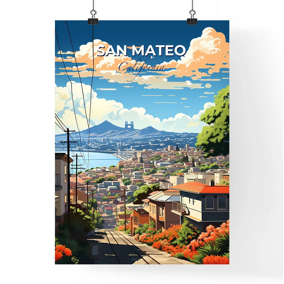 San Mateo, California, A Poster of a cityscape with a river and mountains in the background Default Title
