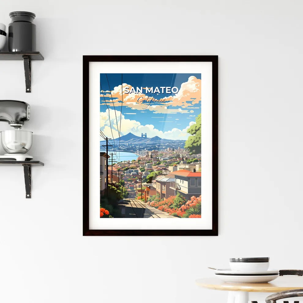 San Mateo, California, A Poster of a cityscape with a river and mountains in the background Default Title