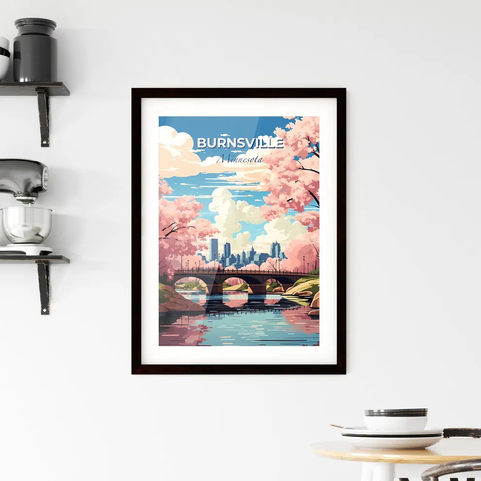 Burnsville, Minnesota, A Poster of a bridge over a river with pink trees and a city in the background Default Title