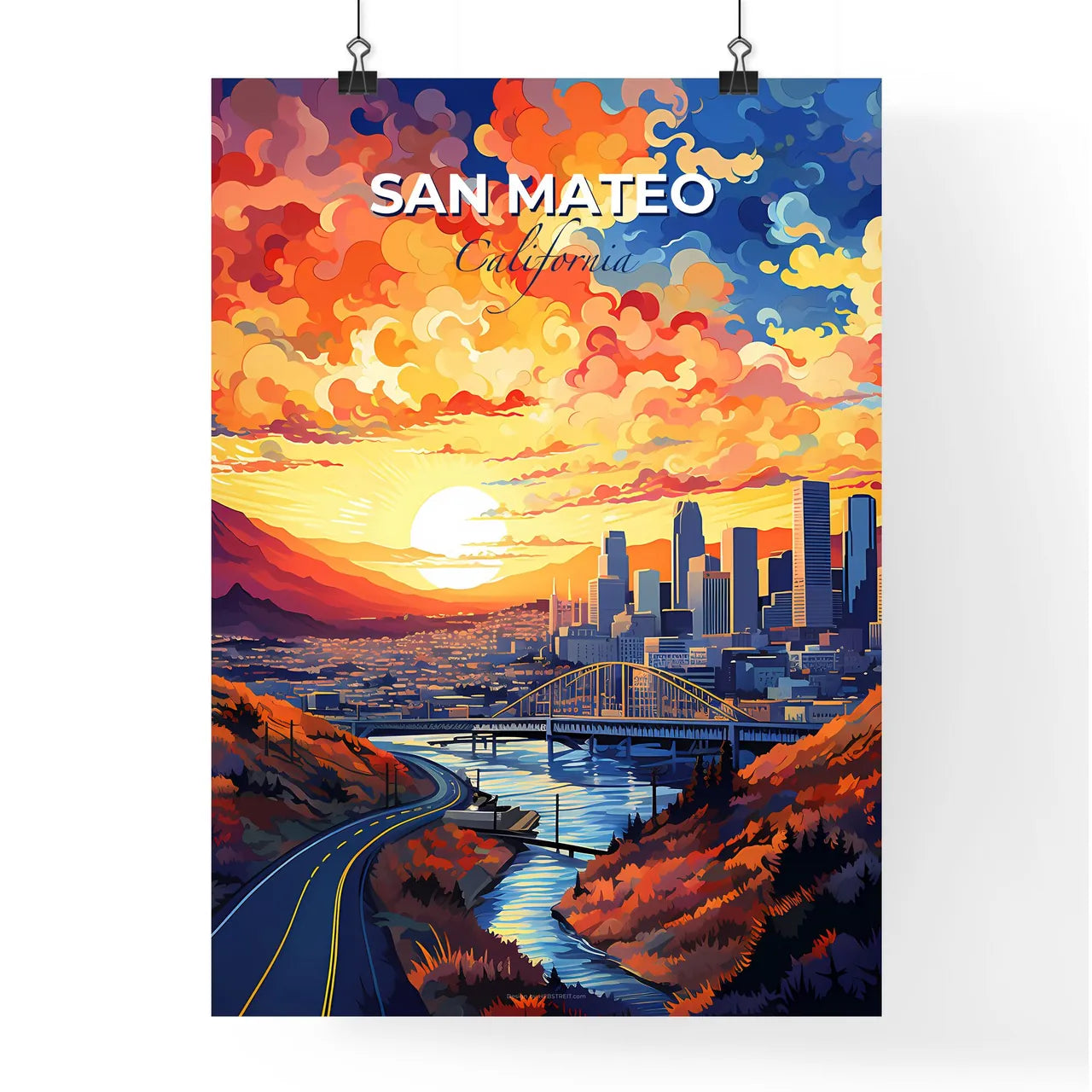 San Mateo, California, A Poster of a cityscape with a bridge and a river Default Title