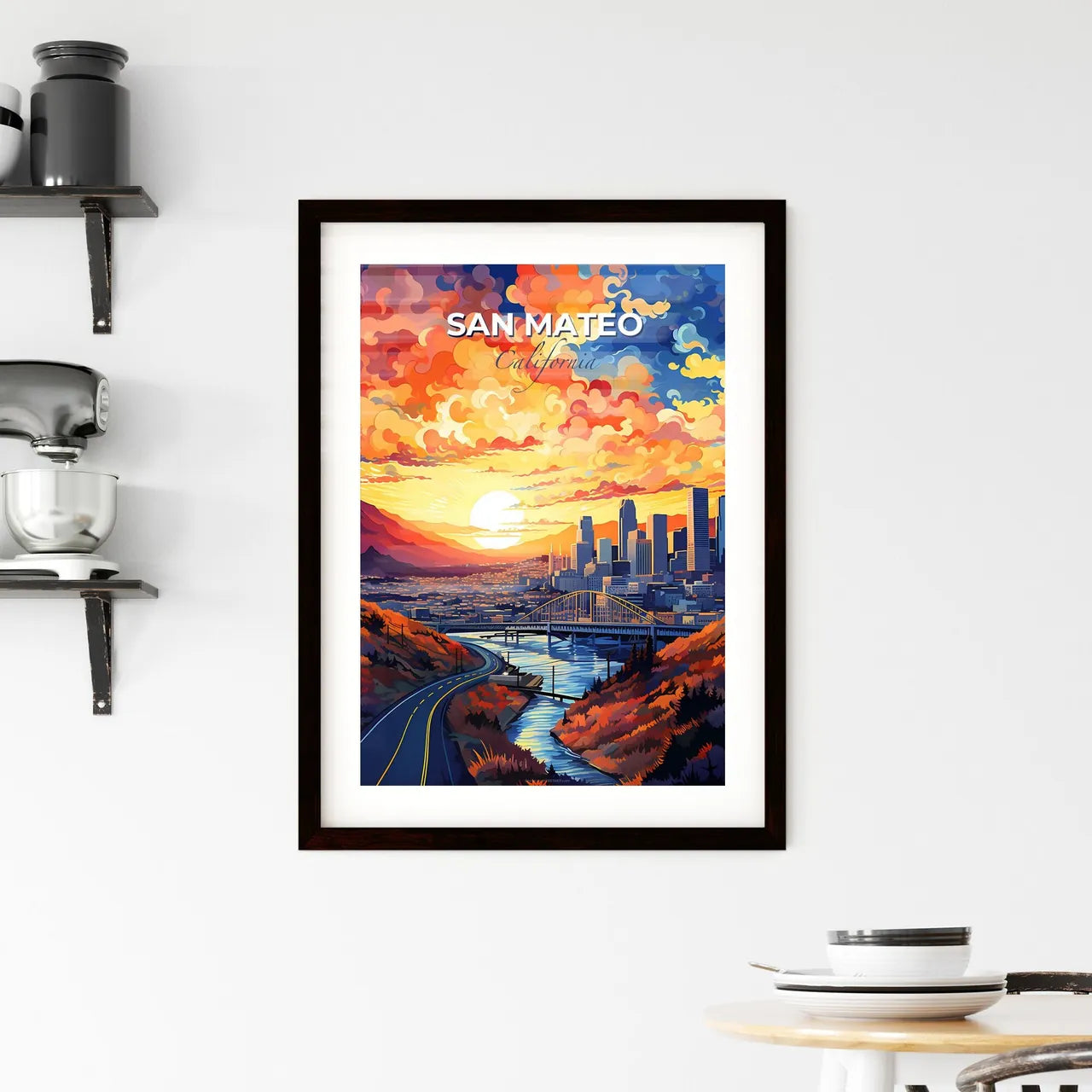 San Mateo, California, A Poster of a cityscape with a bridge and a river Default Title