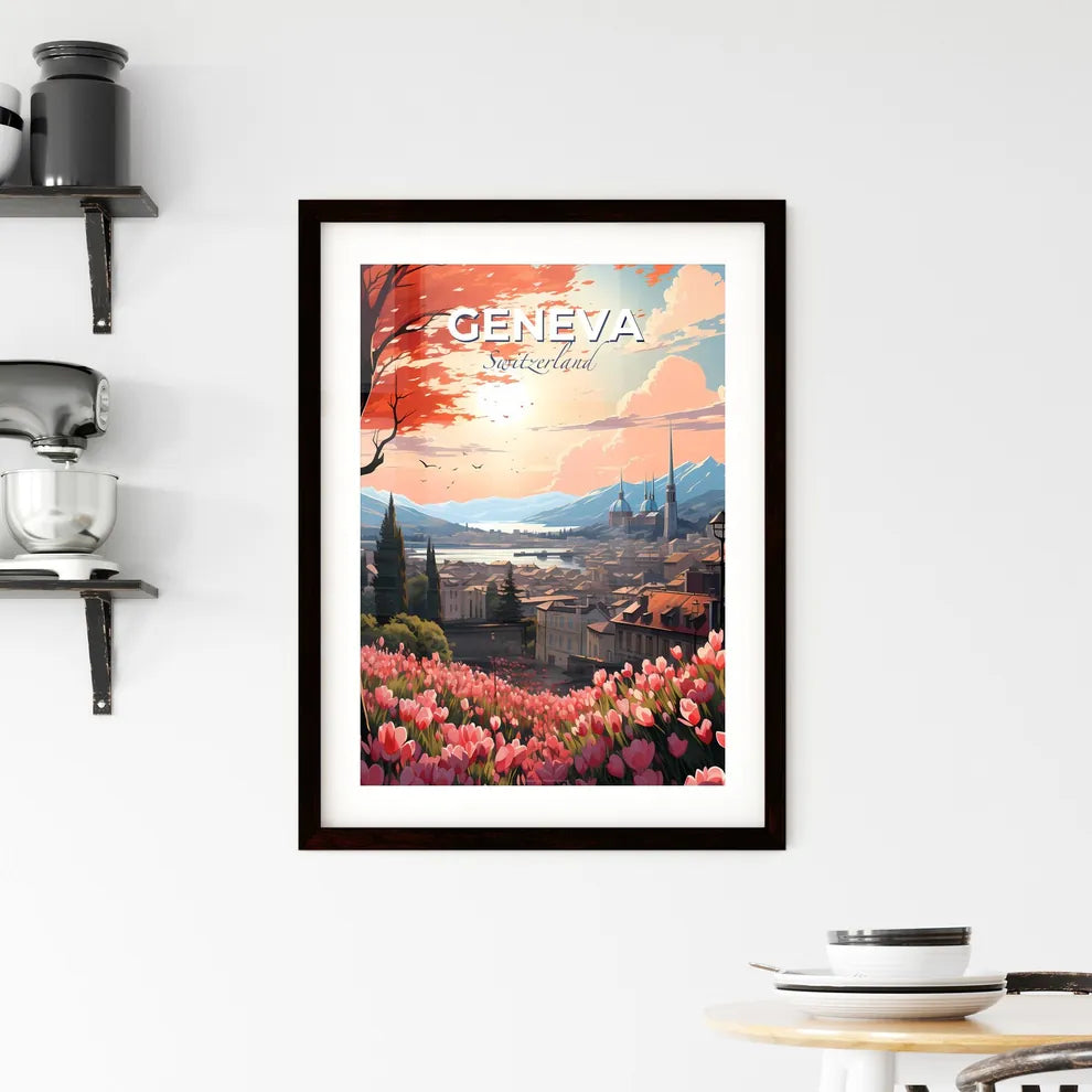 Geneva, Switzerland, A Poster of a landscape of a town with a lake and mountains Default Title