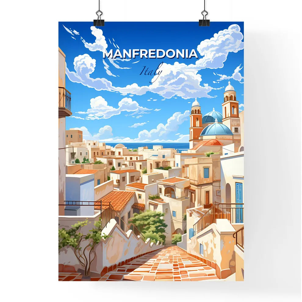 Manfredonia, Italy, A Poster of a city with a blue sky and clouds Default Title