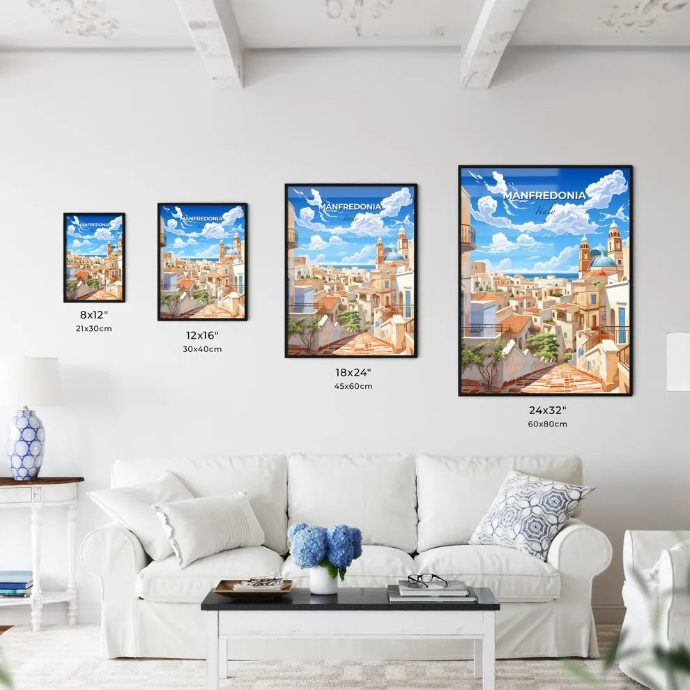 Manfredonia, Italy, A Poster of a city with a blue sky and clouds Default Title