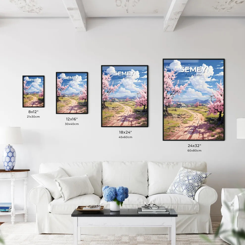 Semey, Kazakhstan, A Poster of a dirt road with pink flowers on it and a house in the background Default Title