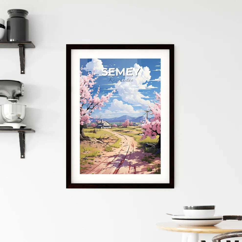 Semey, Kazakhstan, A Poster of a dirt road with pink flowers on it and a house in the background Default Title
