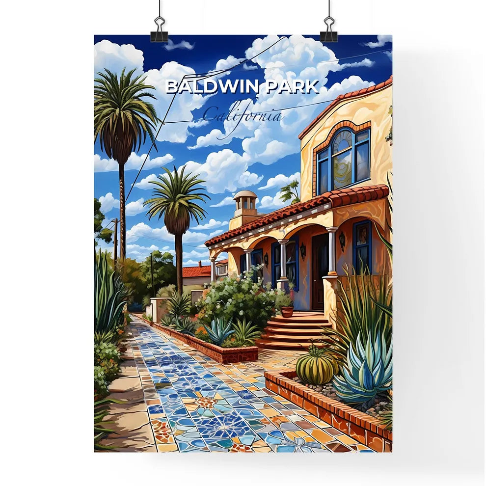 Baldwin Park, California, A Poster of a house with a garden and palm trees Default Title