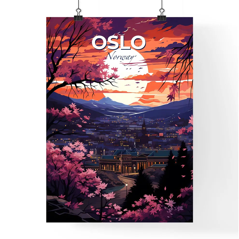Oslo, Norway, A Poster of a landscape of a city with trees and a moon Default Title