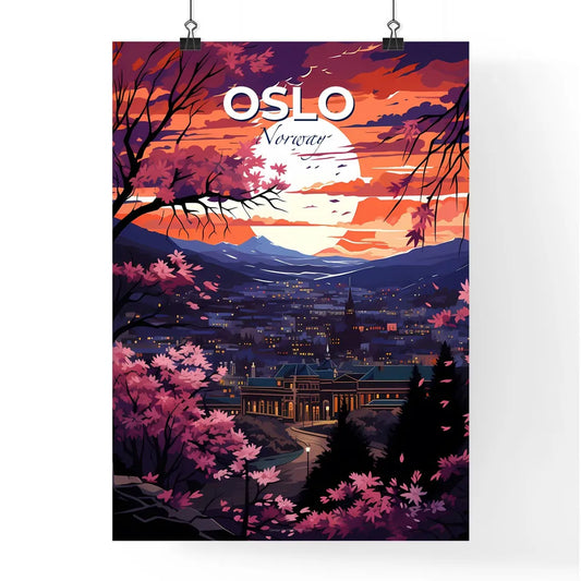 Oslo, Norway, A Poster of a landscape of a city with trees and a moon Default Title