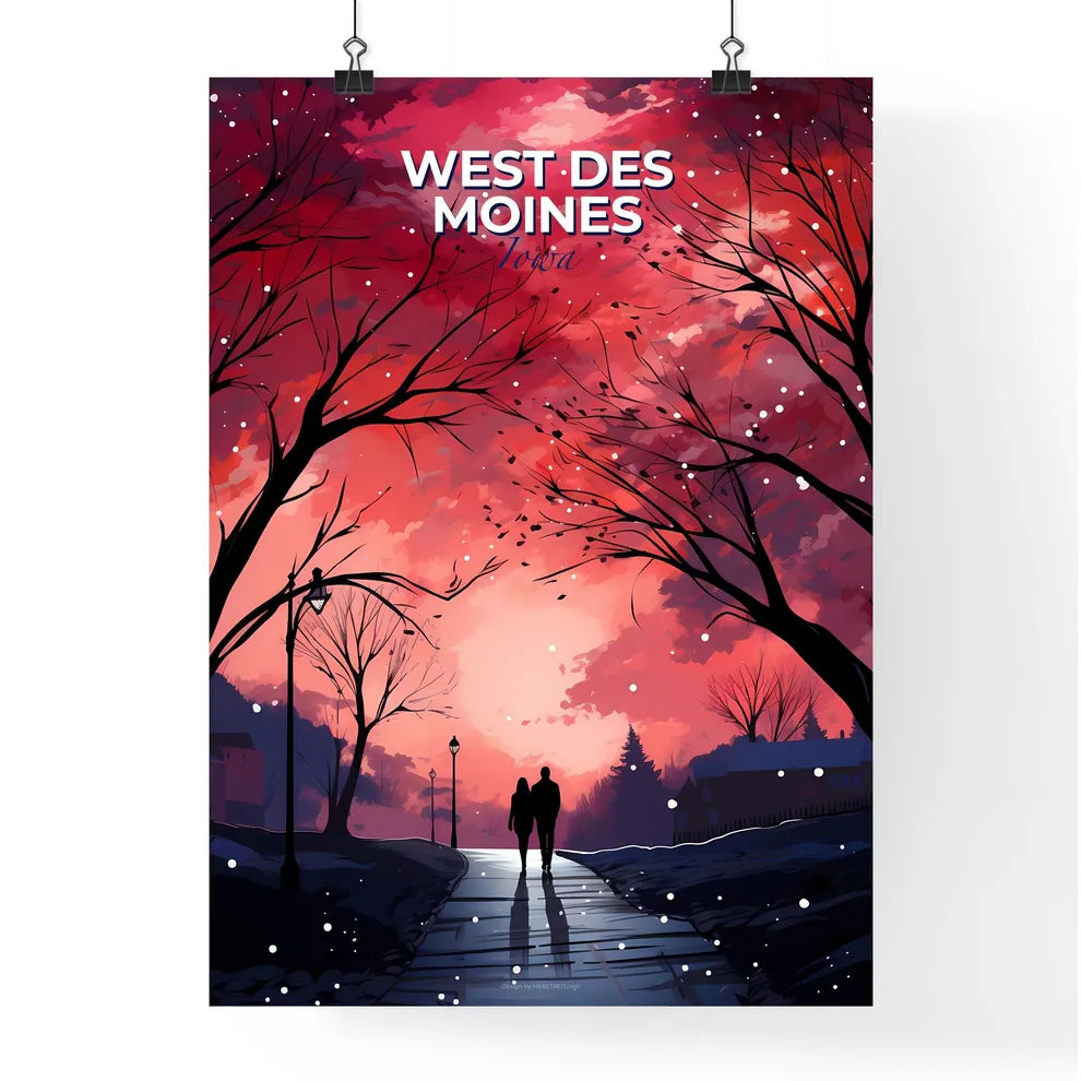 West Des Moines, Iowa, A Poster of a couple walking on a sidewalk with trees and a red sky Default Title