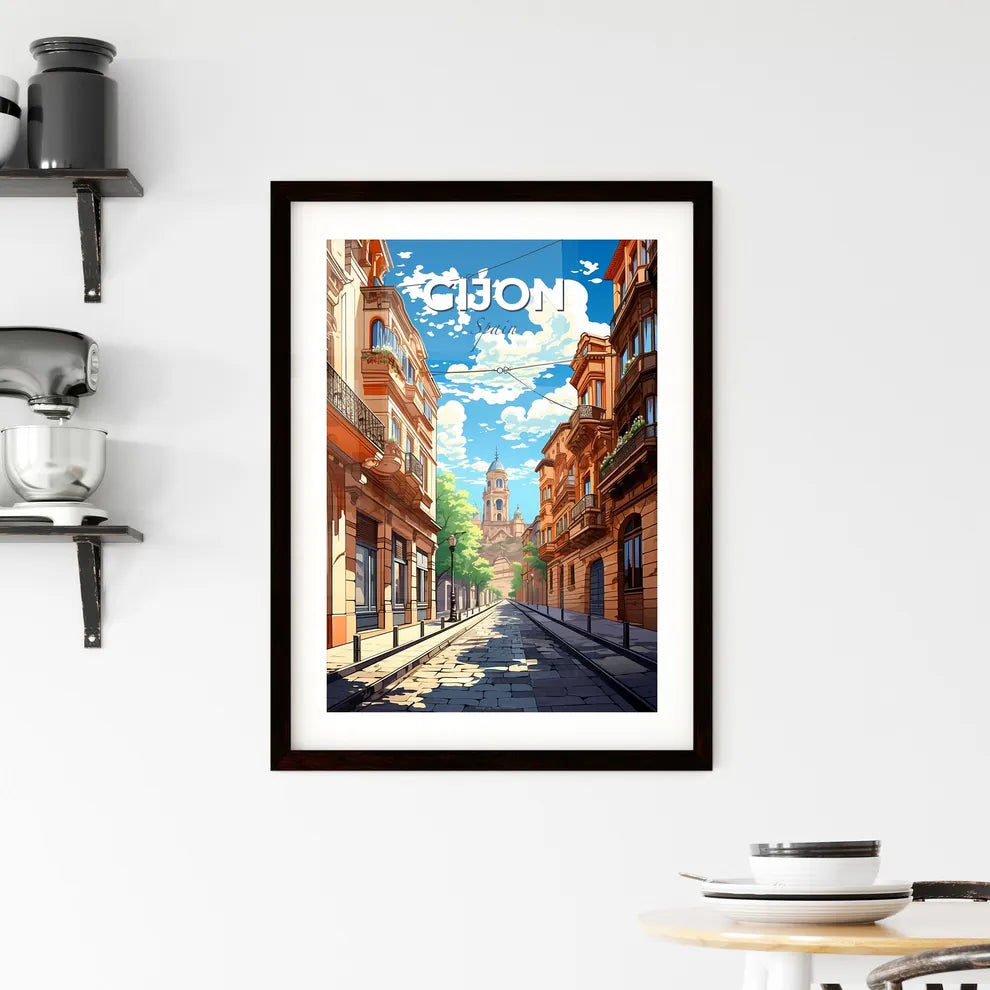 Gijon, Spain, A Poster of a street with buildings and a tower in the background Default Title