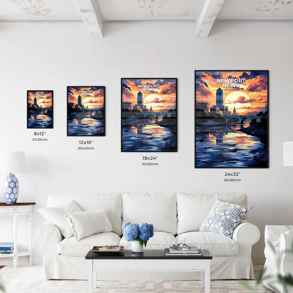 Newport News, Virginia, A Poster of a colorful sunset over a river with a bridge and a city Default Title