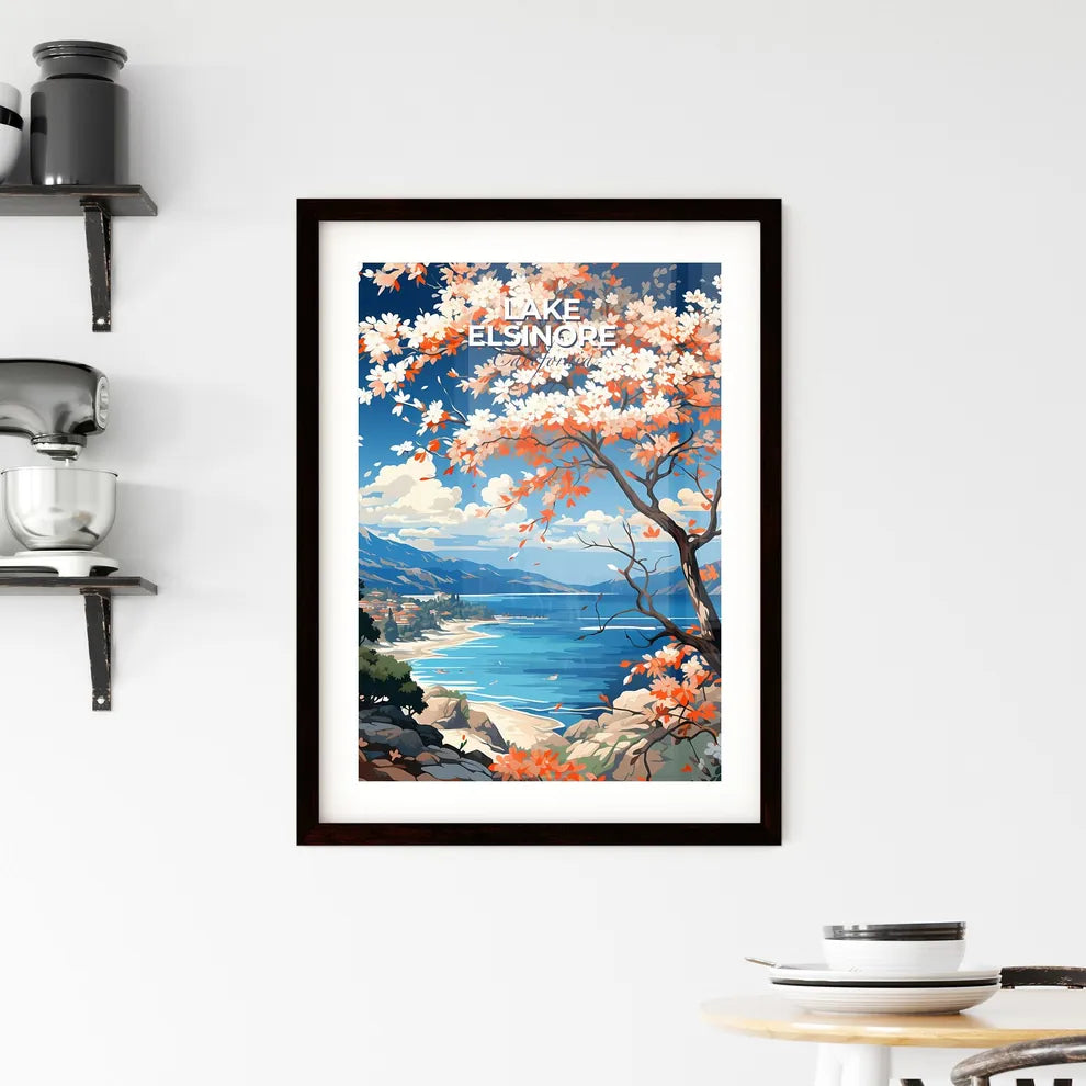 Lake Elsinore, California, A Poster of a tree with orange and white flowers on a rocky shore Default Title