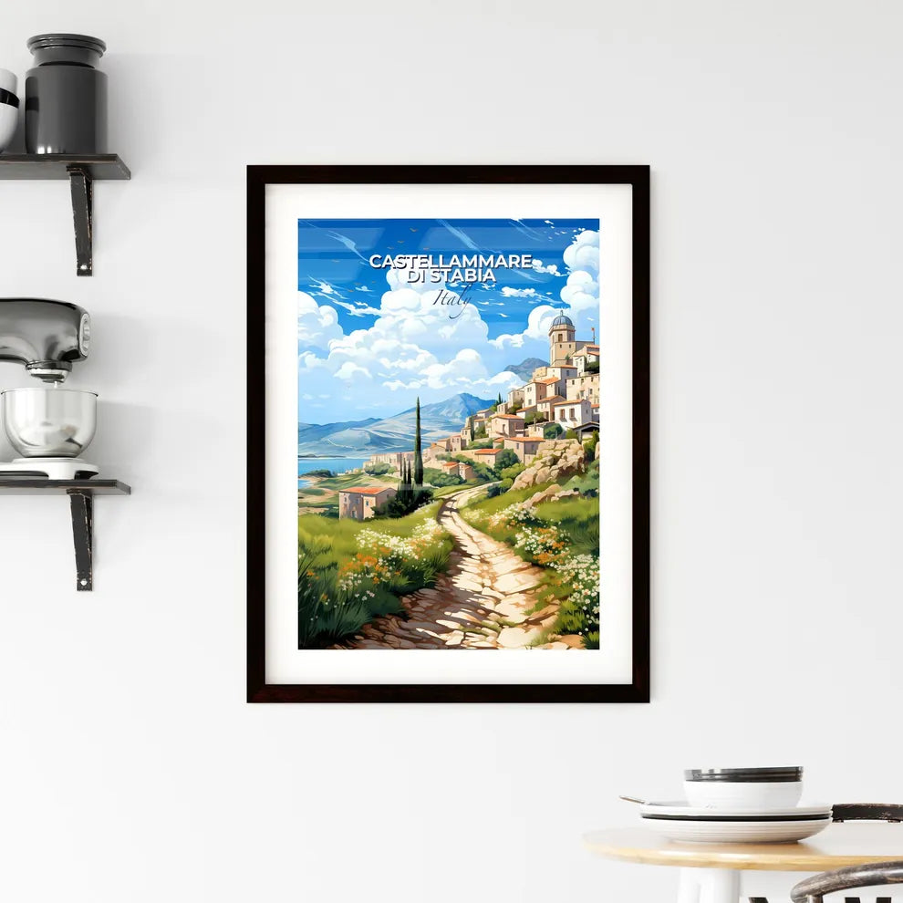 Castellammare Di Stabia, Italy, A Poster of a painting of a village on a hill with a path and flowers Default Title