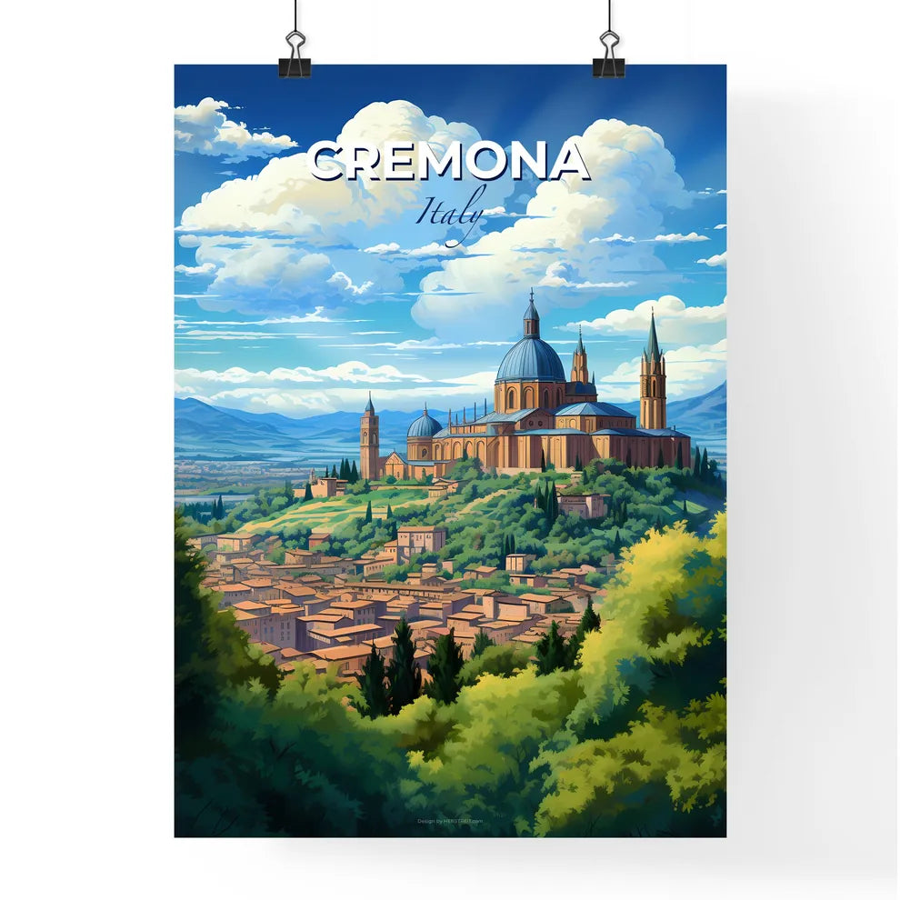 Cremona, Italy, A Poster of a building on a hill with trees and mountains in the background Default Title