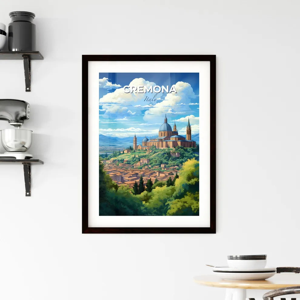 Cremona, Italy, A Poster of a building on a hill with trees and mountains in the background Default Title