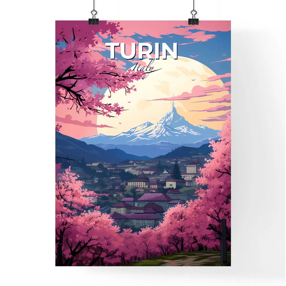 Turin, Italy, A Poster of a landscape of a town with pink trees and mountains Default Title