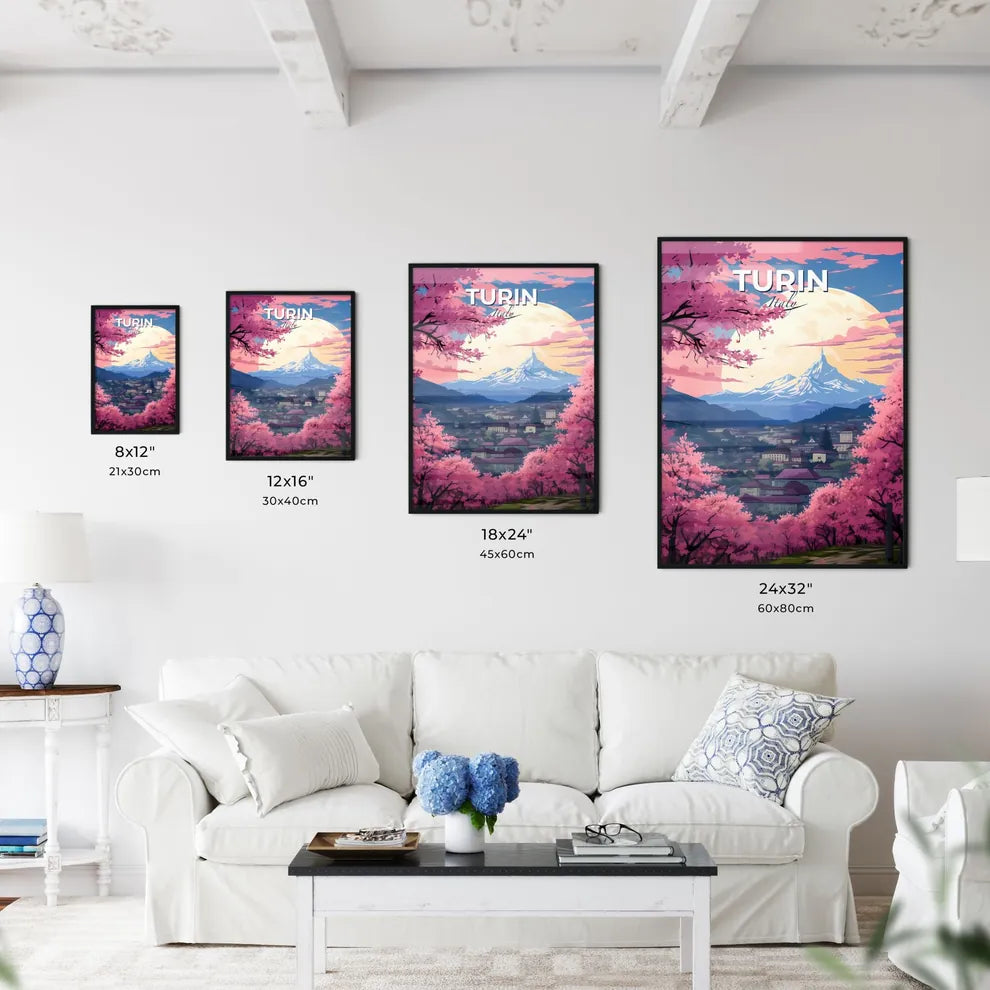 Turin, Italy, A Poster of a landscape of a town with pink trees and mountains Default Title
