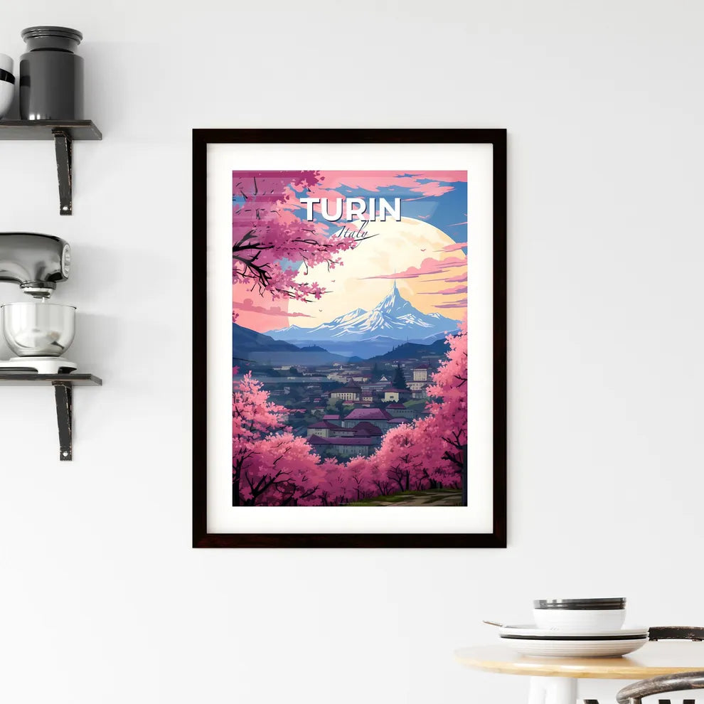 Turin, Italy, A Poster of a landscape of a town with pink trees and mountains Default Title