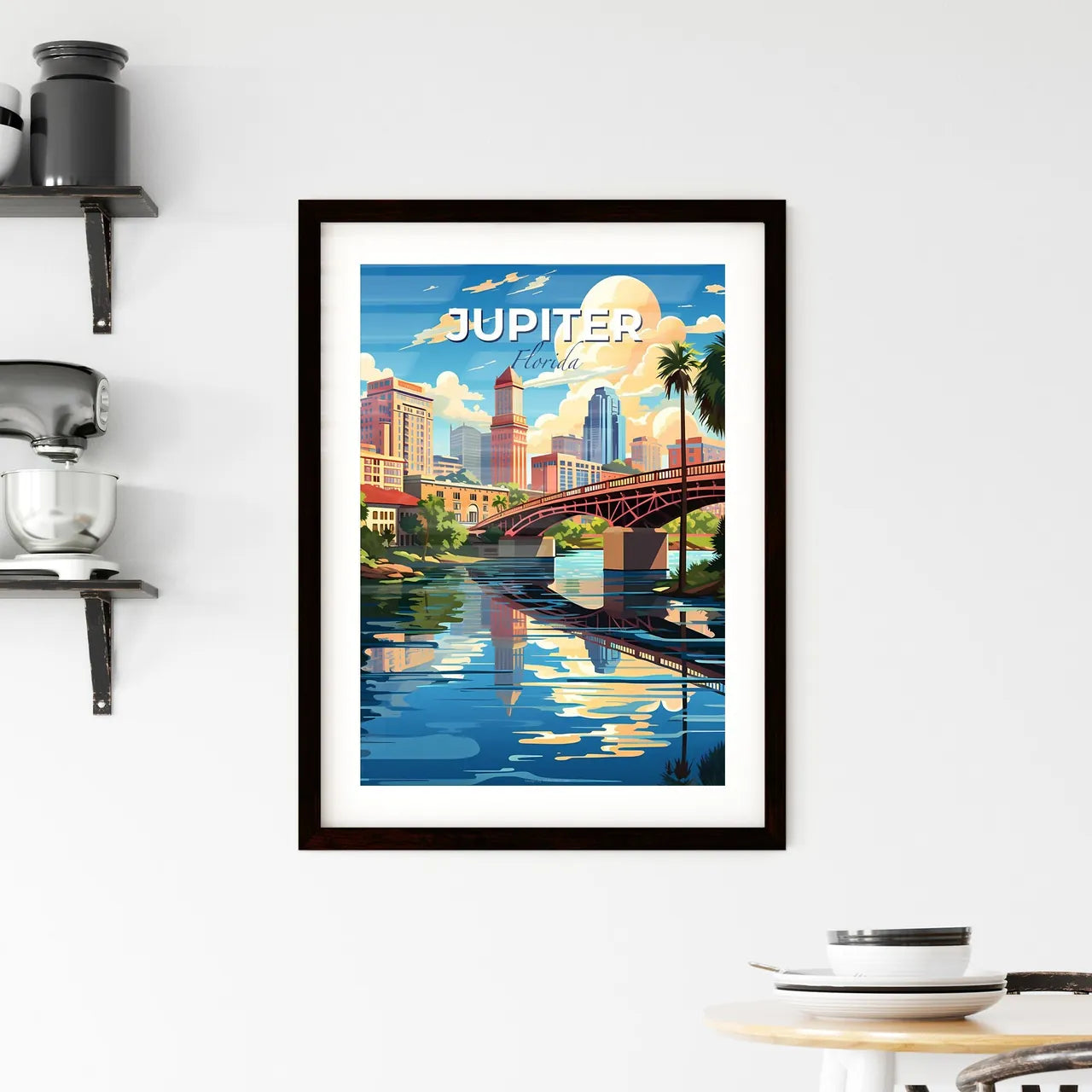 Jupiter, Florida, A Poster of a bridge over a river with palm trees and buildings Default Title