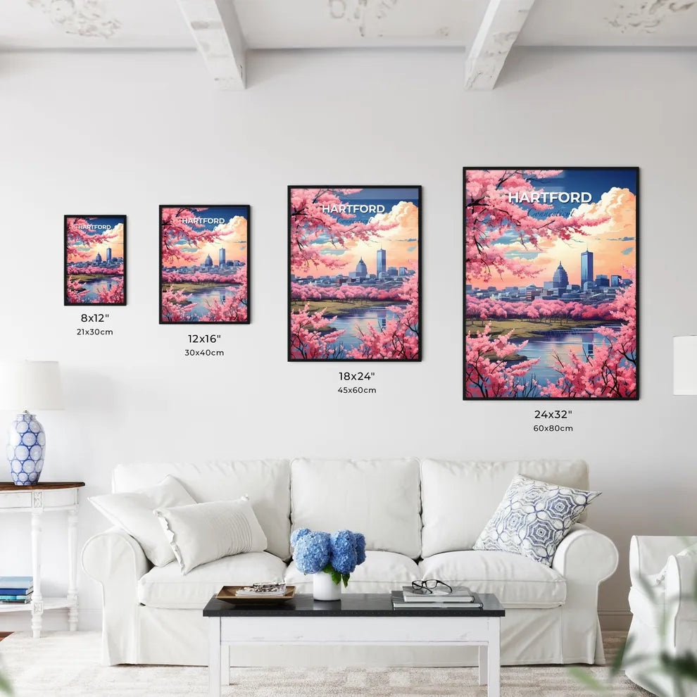 Hartford, Connecticut, A Poster of a cityscape with pink flowers Default Title