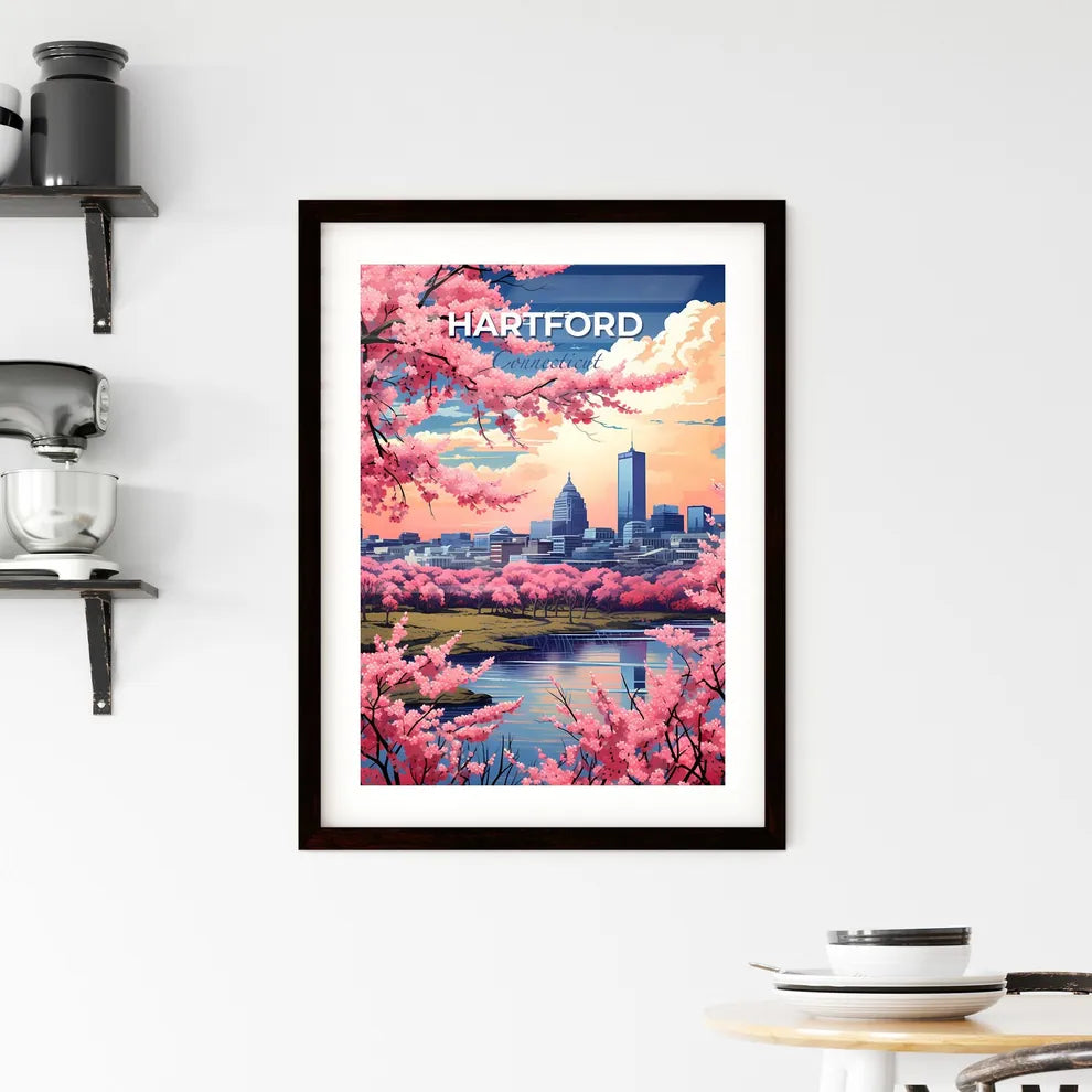 Hartford, Connecticut, A Poster of a cityscape with pink flowers Default Title