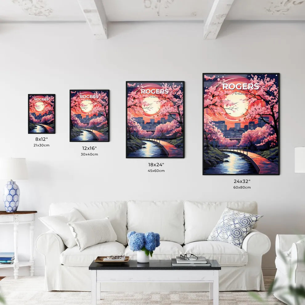 Rogers, Arkansas, A Poster of a painting of a city with pink trees and a river Default Title