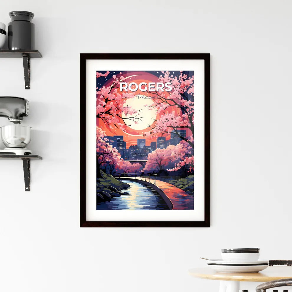 Rogers, Arkansas, A Poster of a painting of a city with pink trees and a river Default Title