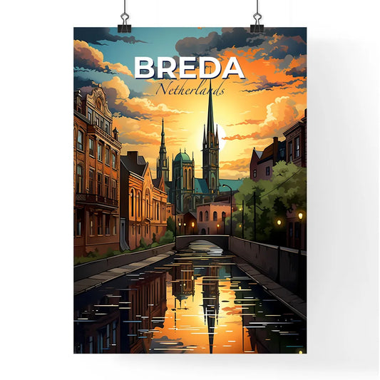 Breda, Netherlands, A Poster of a water canal with buildings and a church in the background Default Title