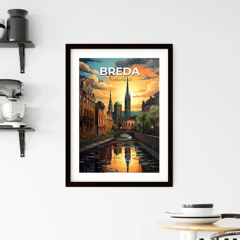 Breda, Netherlands, A Poster of a water canal with buildings and a church in the background Default Title
