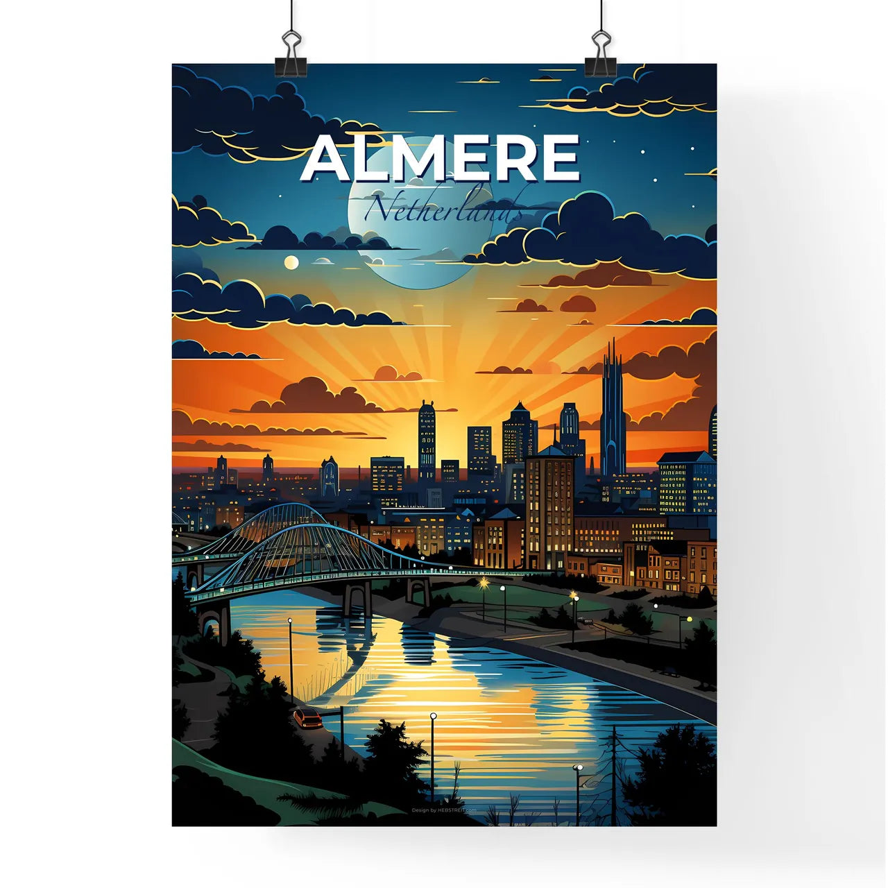 Almere, Netherlands, A Poster of a bridge over a river with a city in the background Default Title