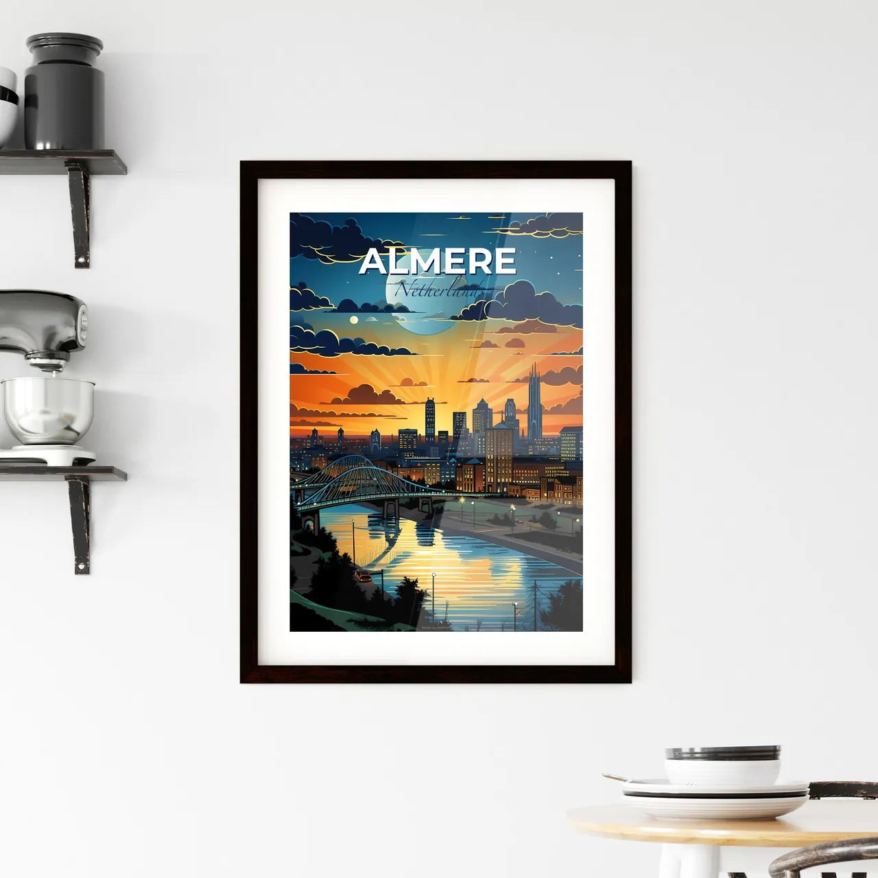 Almere, Netherlands, A Poster of a bridge over a river with a city in the background Default Title