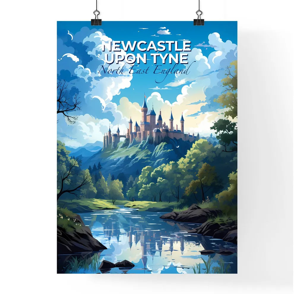 Newcastle Upon Tyne, North East England, A Poster of a castle on a hill surrounded by trees and water Default Title