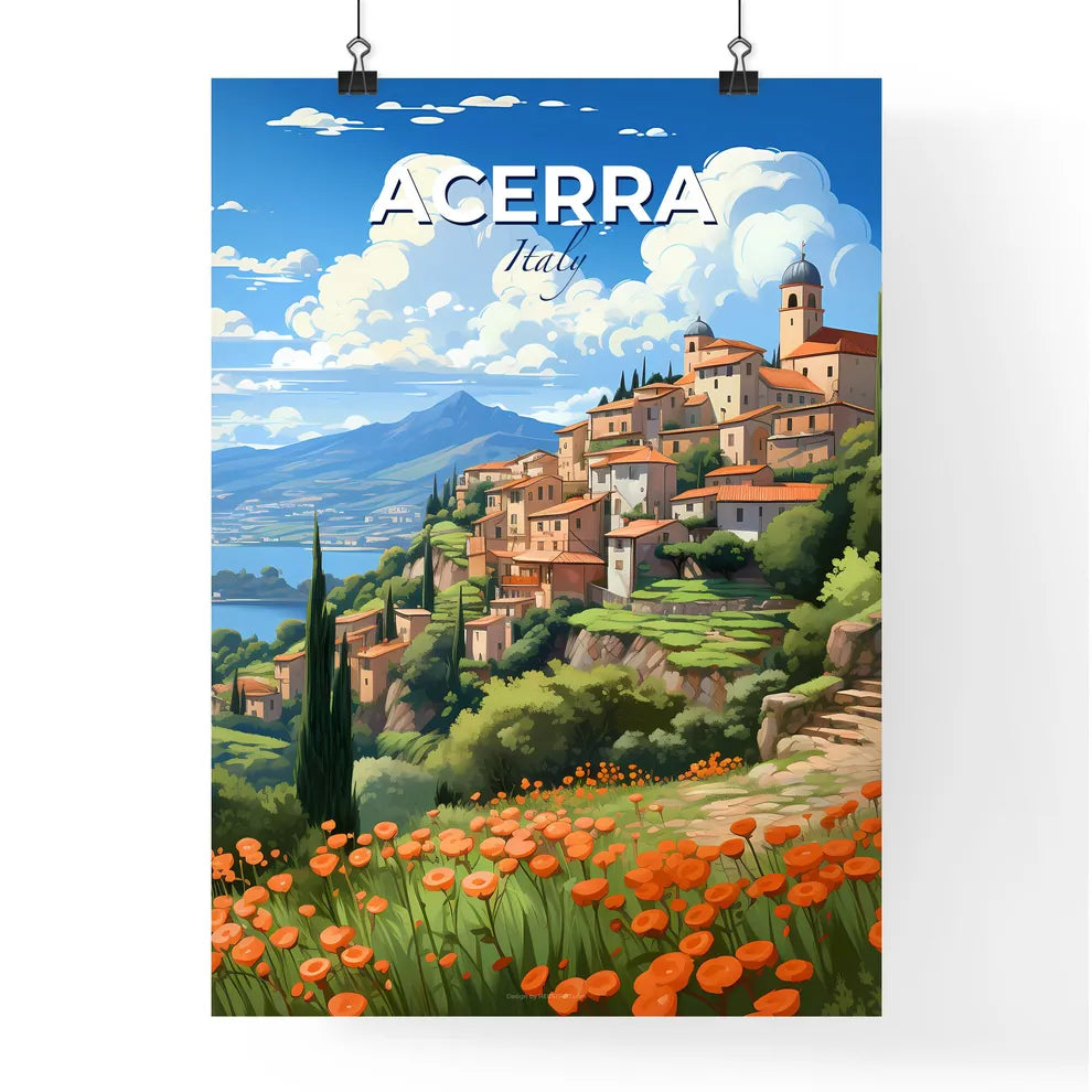 Acerra, Italy, A Poster of a landscape of a town with orange flowers and a lake Default Title