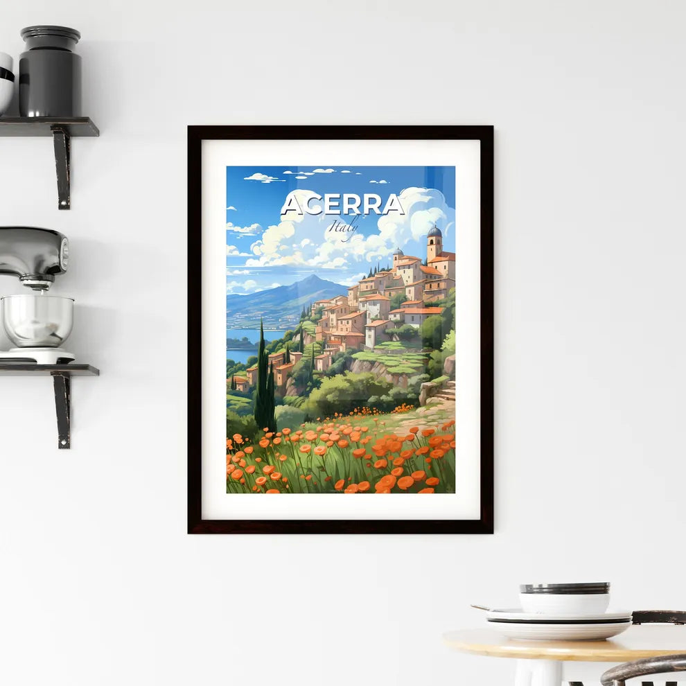Acerra, Italy, A Poster of a landscape of a town with orange flowers and a lake Default Title