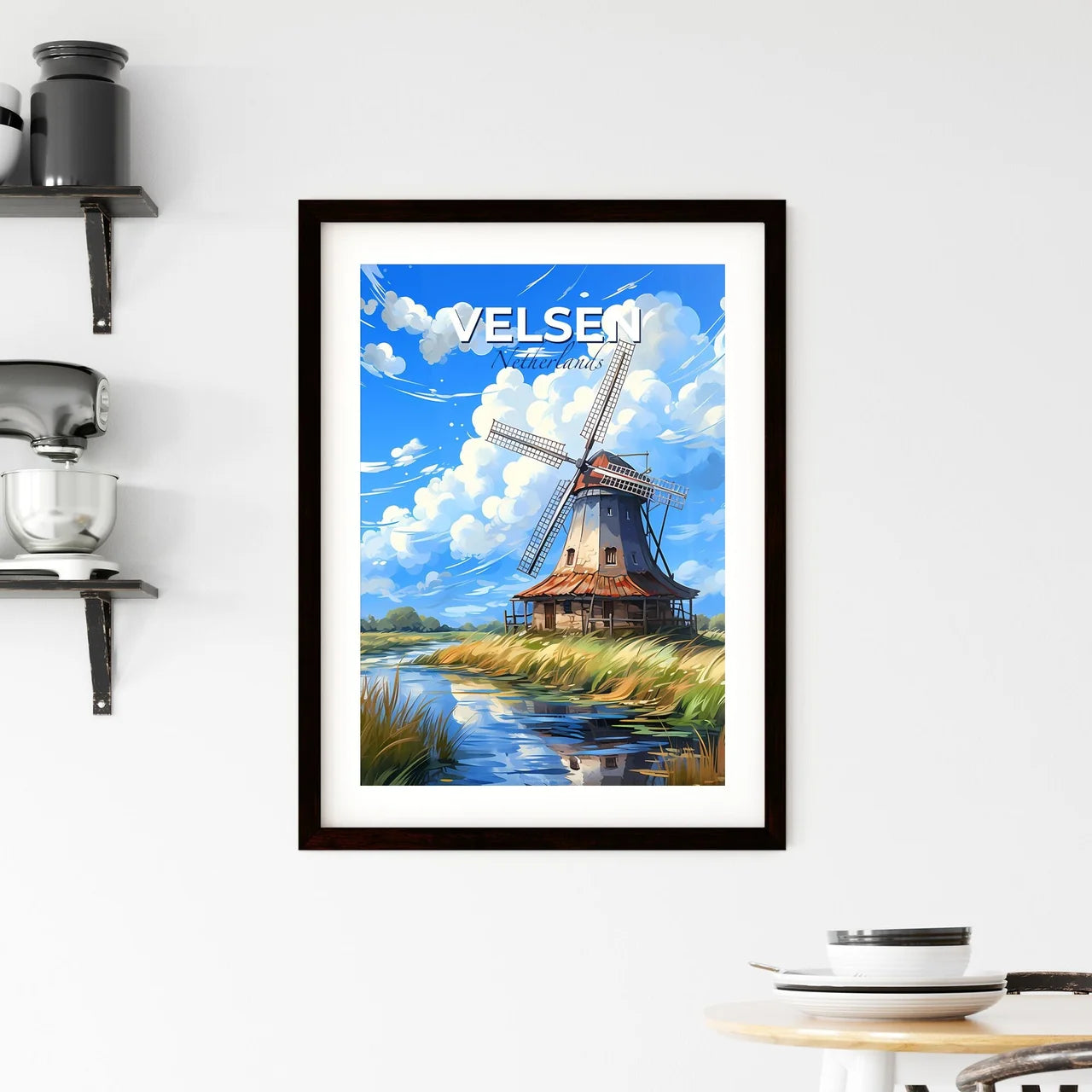 Velsen, Netherlands, A Poster of a windmill by a river Default Title