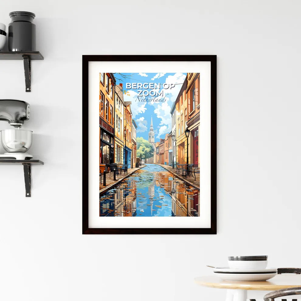 Bergen Op Zoom, Netherlands, A Poster of a water way with benches and tables in front of buildings Default Title