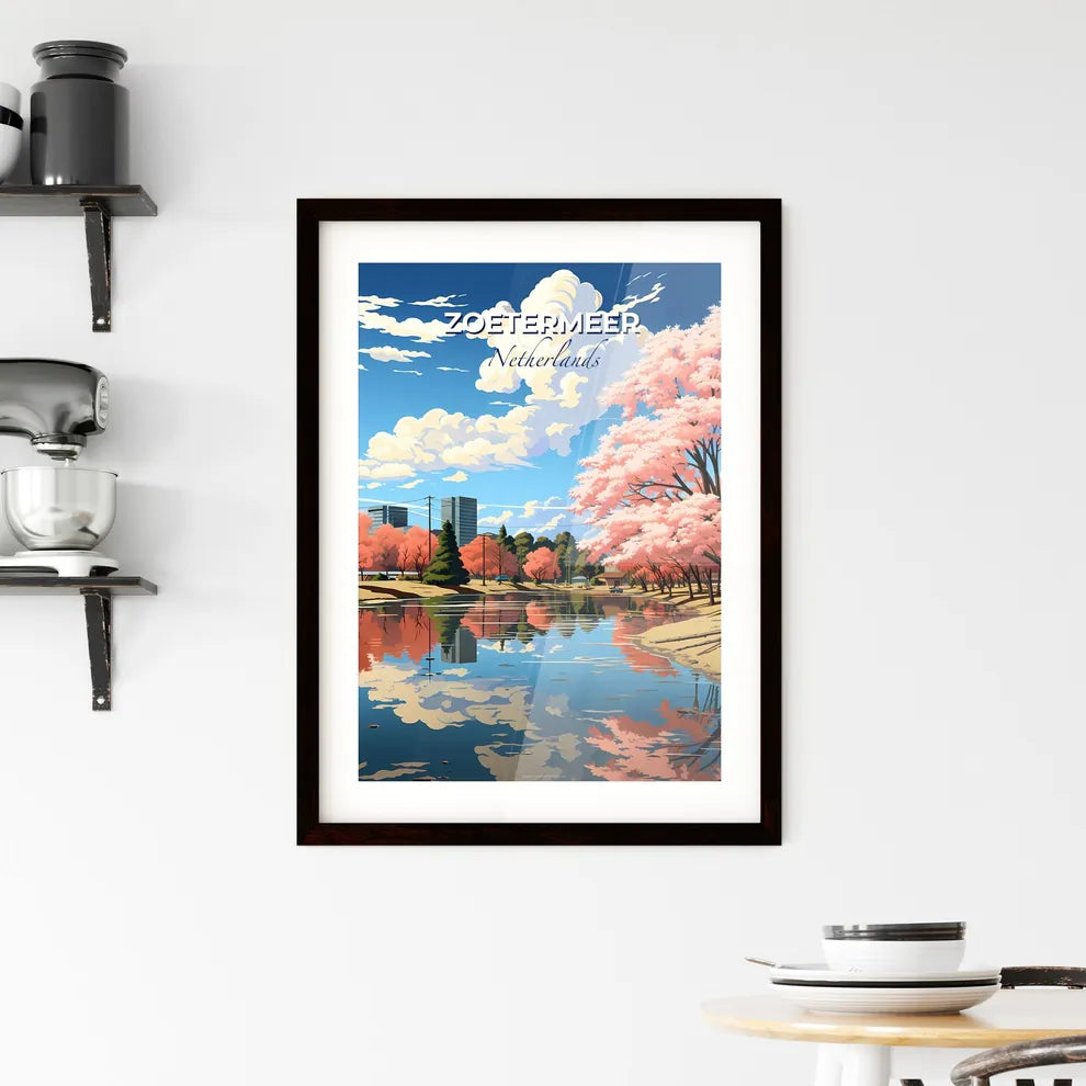 Zoetermeer, Netherlands, A Poster of a lake with pink trees and buildings in the background Default Title