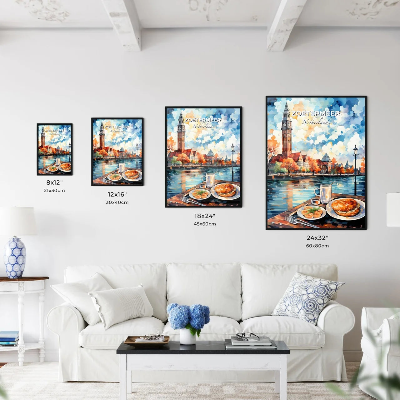 Zoetermeer, Netherlands, A Poster of a painting of a city with a clock tower and a lake Default Title