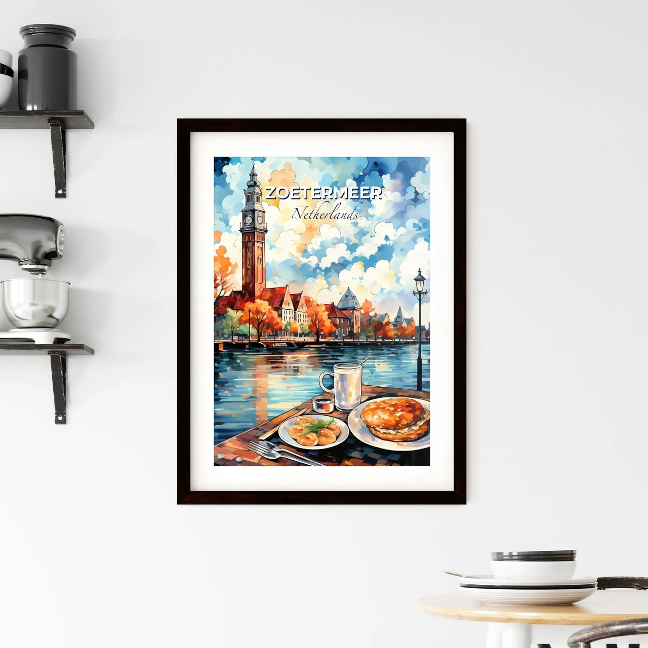 Zoetermeer, Netherlands, A Poster of a painting of a city with a clock tower and a lake Default Title
