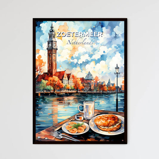 Zoetermeer, Netherlands, A Poster of a painting of a city with a clock tower and a lake Default Title
