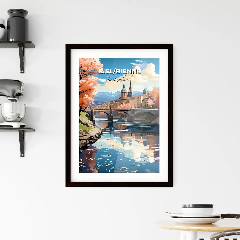 Biel/Bienne, Switzerland, A Poster of a bridge over a river with trees and buildings Default Title