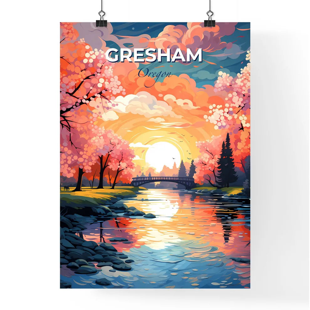 Gresham, Oregon, A Poster of a painting of a river with a bridge and trees Default Title