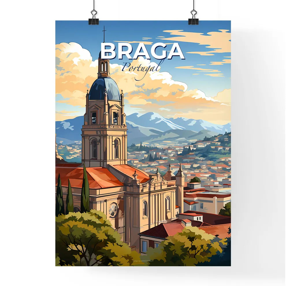 Braga, Portugal, A Poster of a building with a steeple and trees in front of a city Default Title
