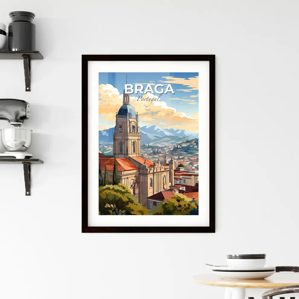 Braga, Portugal, A Poster of a building with a steeple and trees in front of a city Default Title