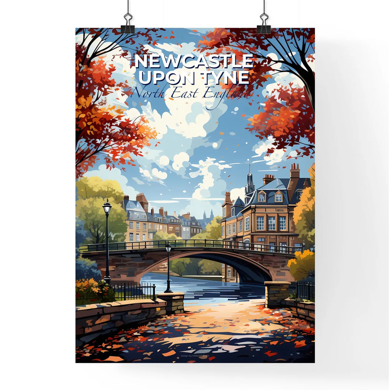 Newcastle Upon Tyne, North East England, A Poster of a bridge over a river with trees and buildings Default Title